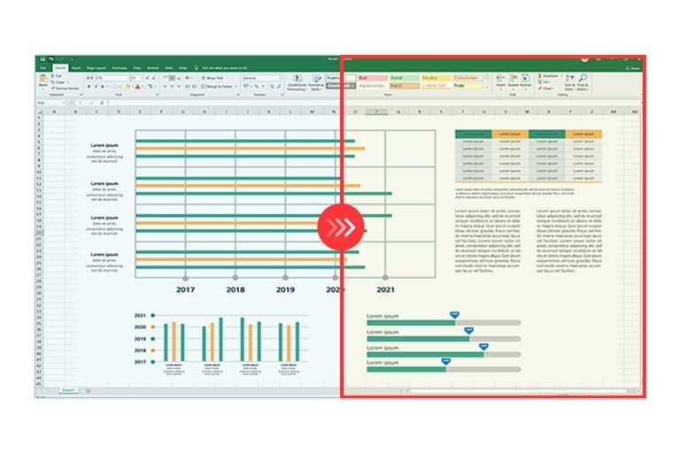 Comparison image of the right side with reader mode applied and the left side without reader mode applied.	