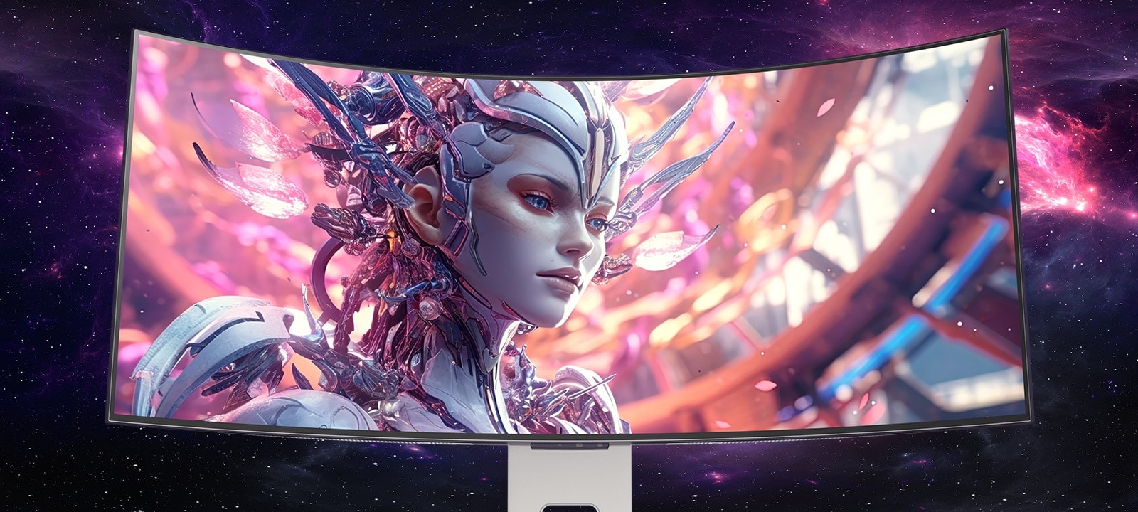 An animated video transitioning from a front view to a top view of a curved monitor.