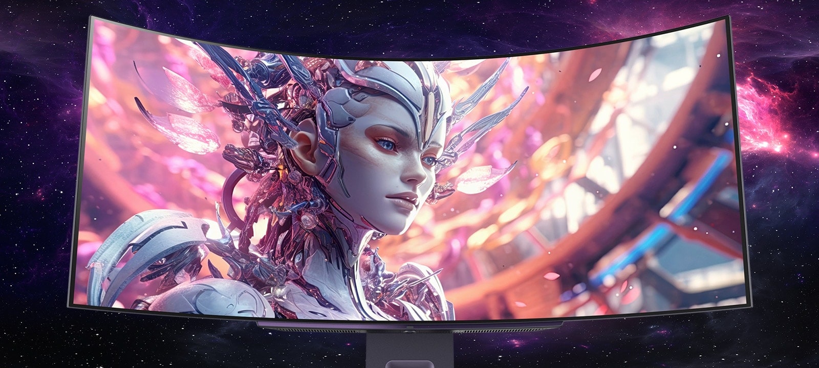 An animated video transitioning from a front view to a top view of a curved monitor.