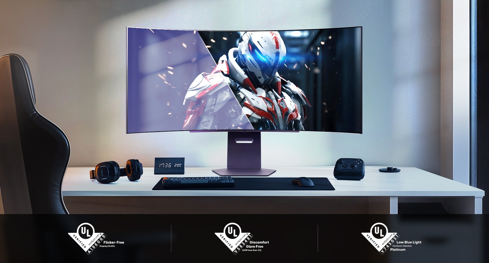 Curved gaming monitor showing a robot character in a futuristic setting, with UL certifications below.