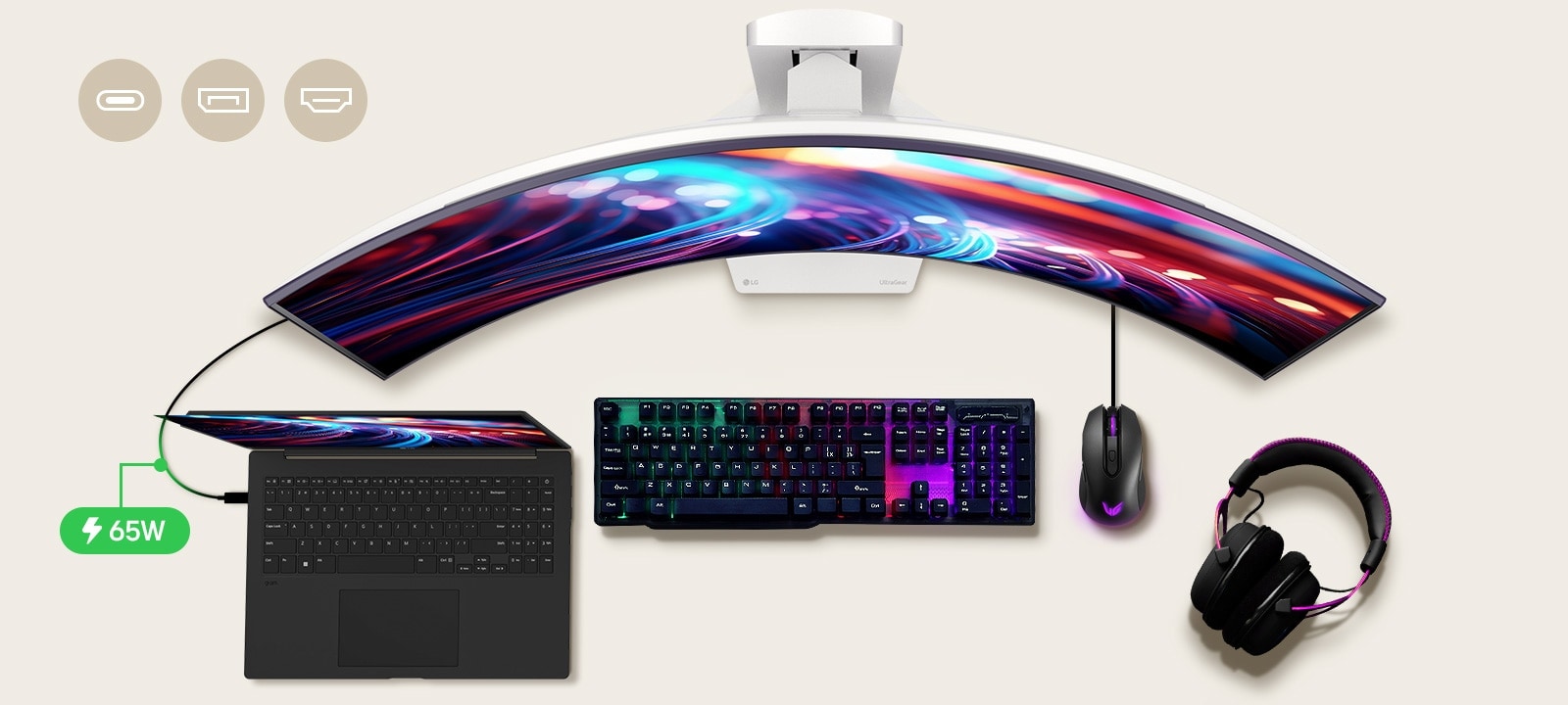 A 39-inch gaming monitor is positioned in the center of the desk, with various IT devices placed around it.