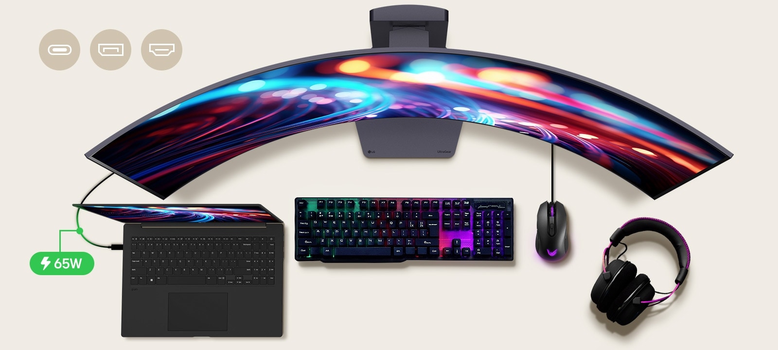 A 39-inch gaming monitor is positioned in the center of the desk, with various IT devices placed around it.