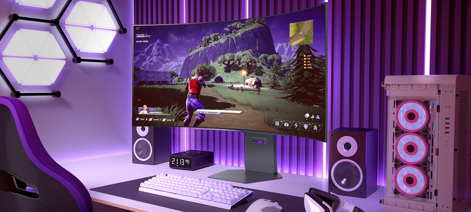 Curved gaming monitor displaying an action-adventure game in a vibrant gaming setup with purple lighting and a PC tower nearby.