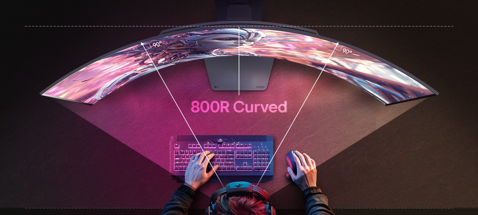 An animated video transitioning from a front view to a top view of a curved monitor.	