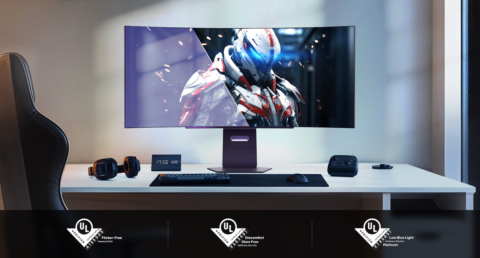 Curved gaming monitor showing a robot character in a futuristic setting, with UL certifications below.	