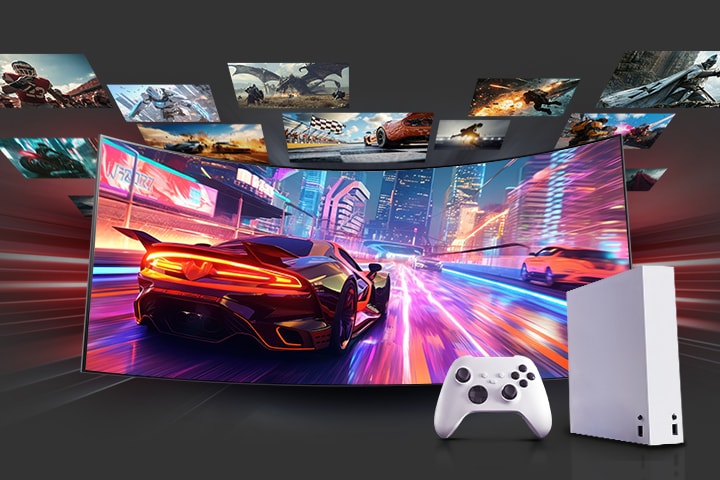 A curved gaming monitor shows a racing game with a red supercar in a neon-lit city. Other game scenes float around the screen. A white console controller is placed in front, highlighting console play.	