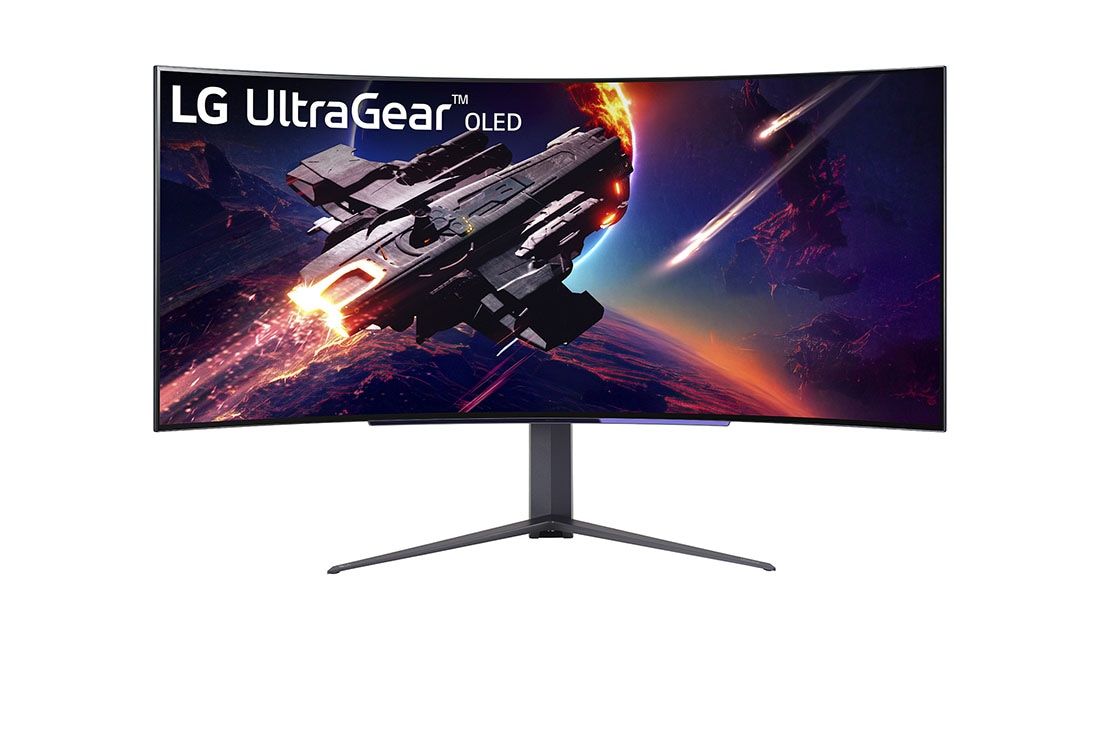 LG 45英寸 WQHD (3440 x 1440) 21:9 OLED曲面屏(800R)显示器/ 240Hz刷新率 / 0.03ms (GtG) 响应时间 / 1.5M:1对比度 / NVIDIA® G-SYNC® Compatible / AMD FreeSync™ Premium, front view, 45GR95QE-B