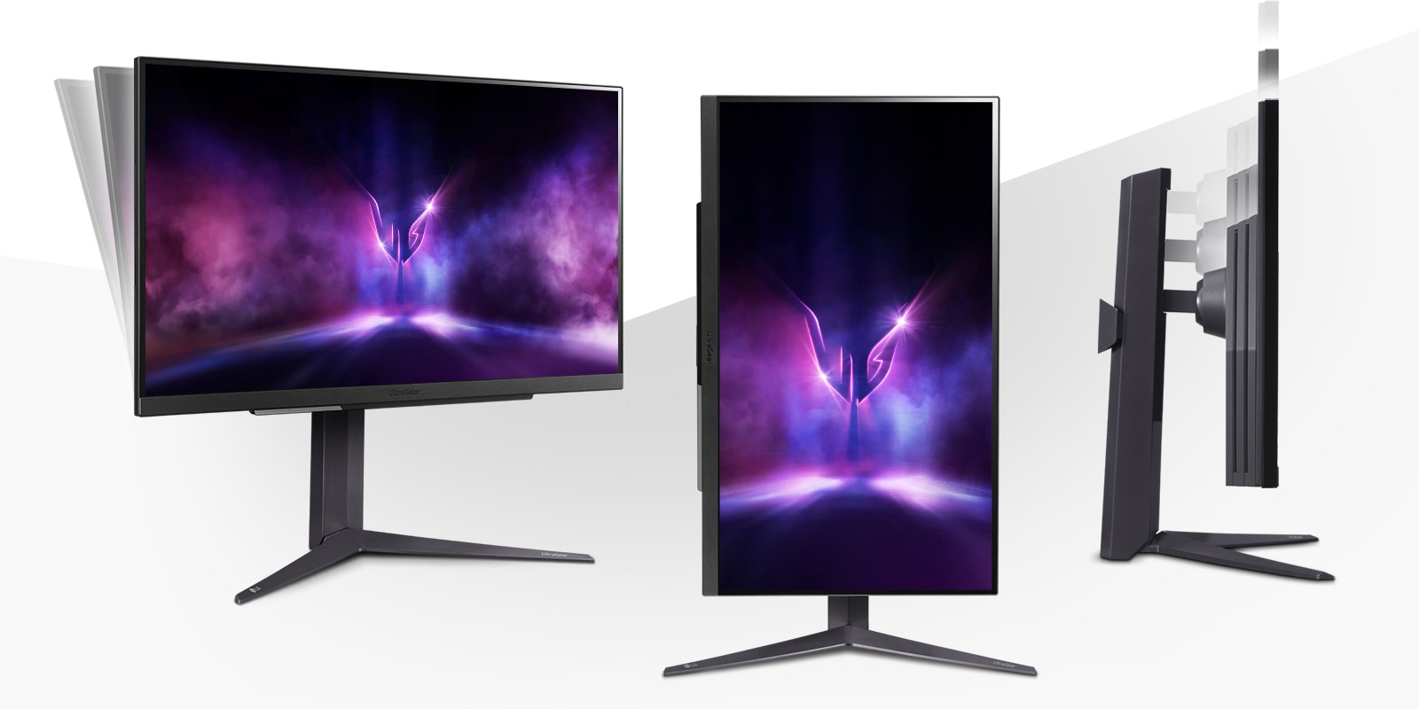 The image shows 3 modes of the 3-side borderless monitor for gamers to play games comfortably, tilting, height adjustment, and pivoting.