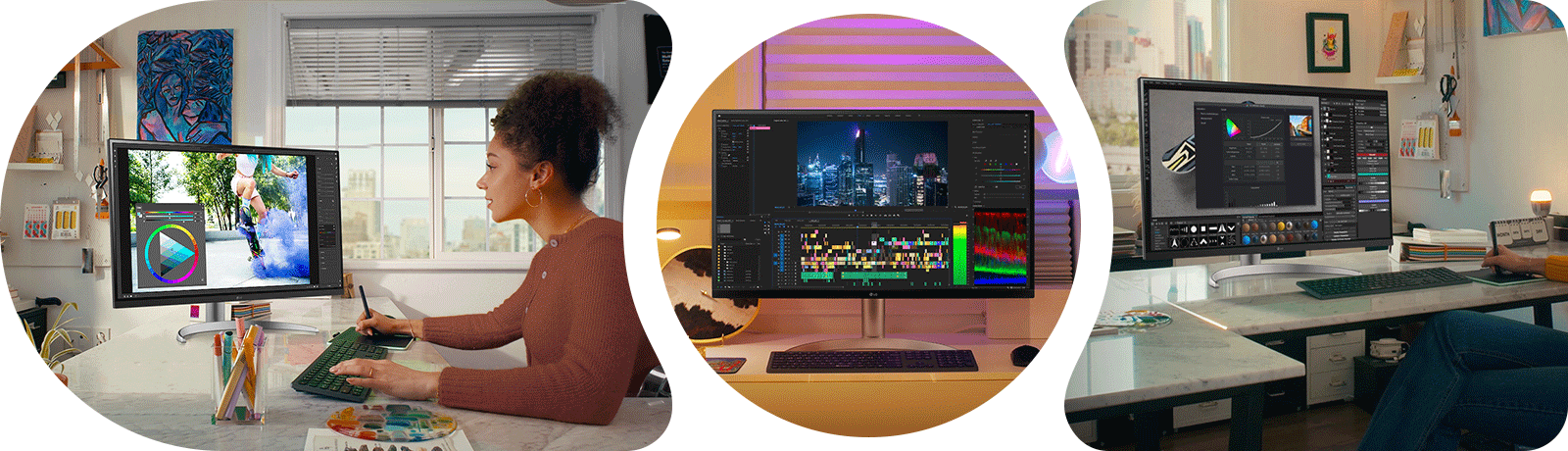 A scene of Photoshop, streaming, and video editing with the 32UQ850V.	