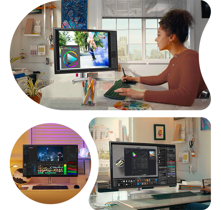 A scene of Photoshop, streaming, and video editing with the 32UQ850V.	