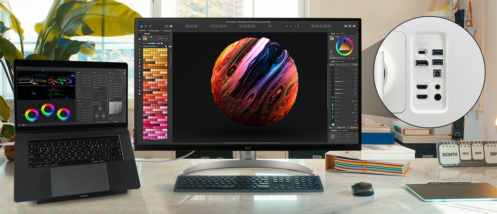 LG UltraFine™ is compatible with various types of devices by providing USB Type-C™, DisplayPort, HDMI port, and two USB ports.	