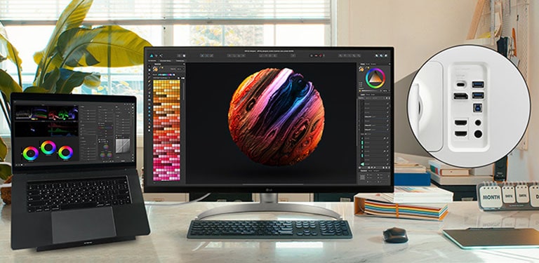 LG UltraFine™ is compatible with various types of devices by providing USB Type-C™, DisplayPort, HDMI port, and two USB ports.	