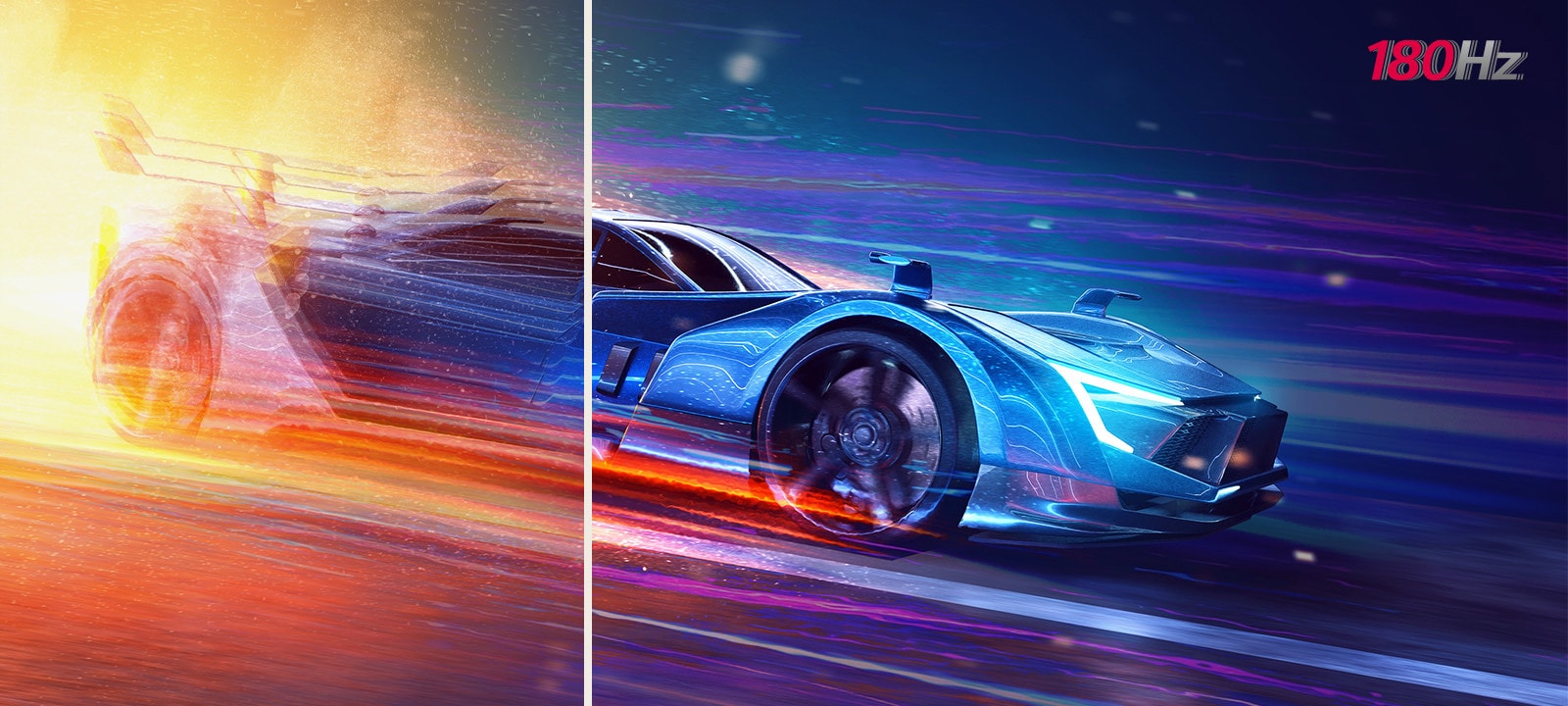 It is a comparison image of a fast-paced game with a low refresh rate and a clear image with a 180Hz high refresh rate.	