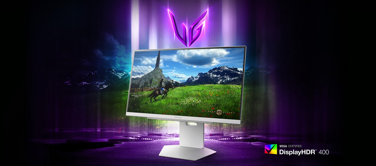 UltraGear™ gaming monitor with the image of a man riding a horse.	