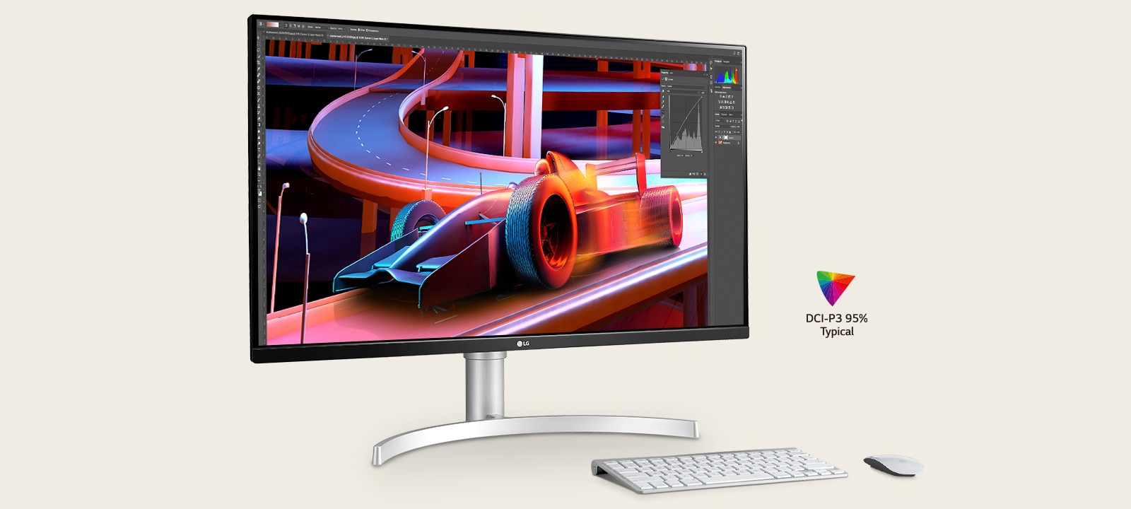 IPS 4K, and DCI-P3 95% (Typ.) for suitable clarity, precision and color expression.