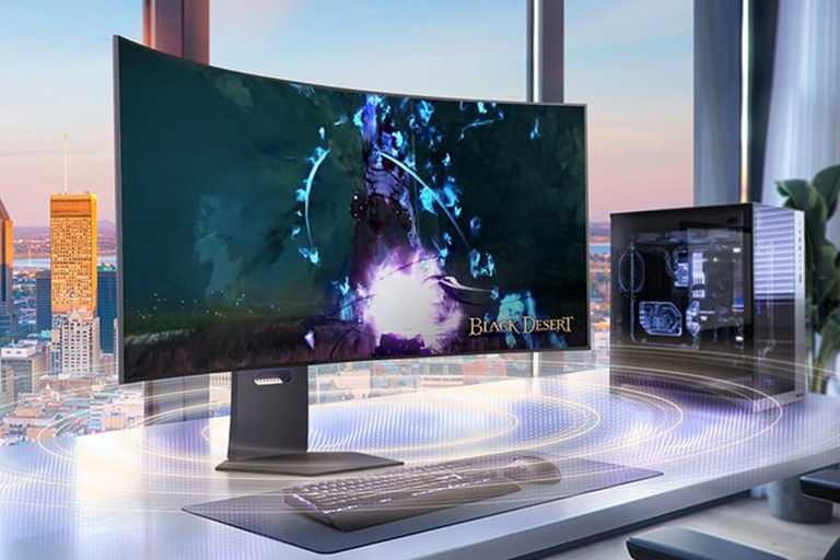 This animated video shows sound waves coming from the bottom of the monitor and the connection of a 4-pole headphone.	