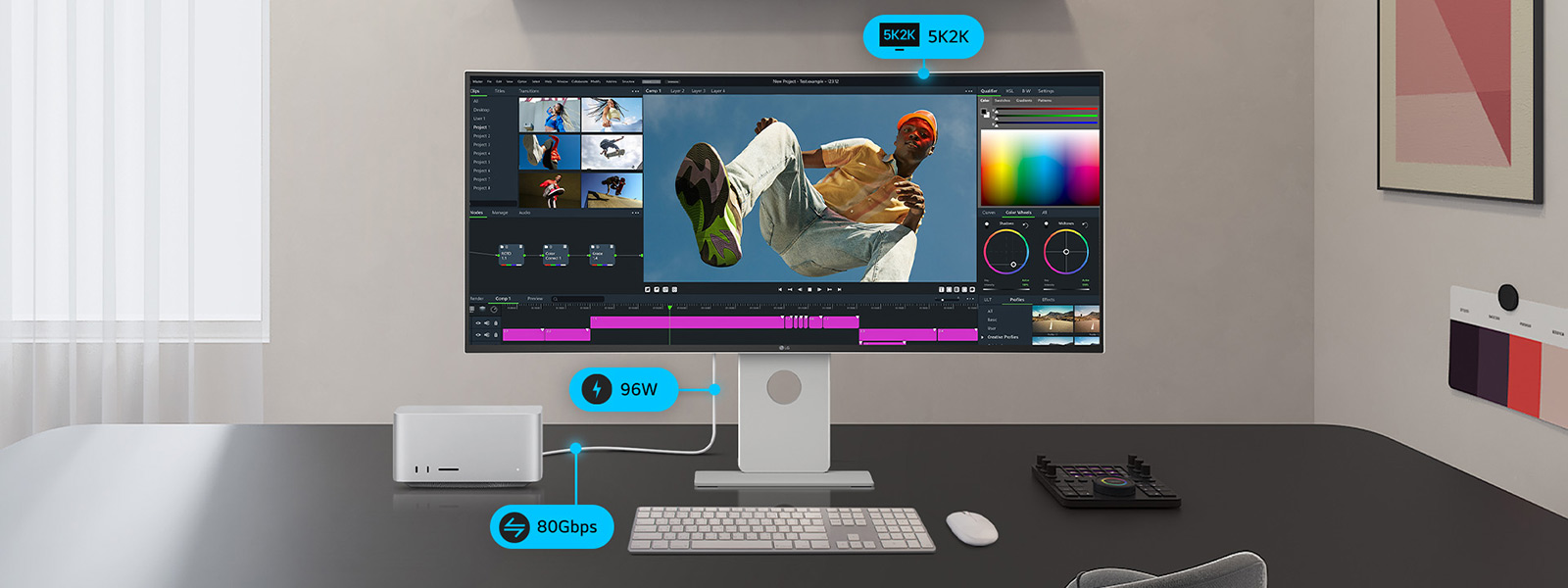 A UltraFine monitor is placed with program screen on it beside a smaller monitor, a PC and a storage, connected with cables showing its multi-connectivity.