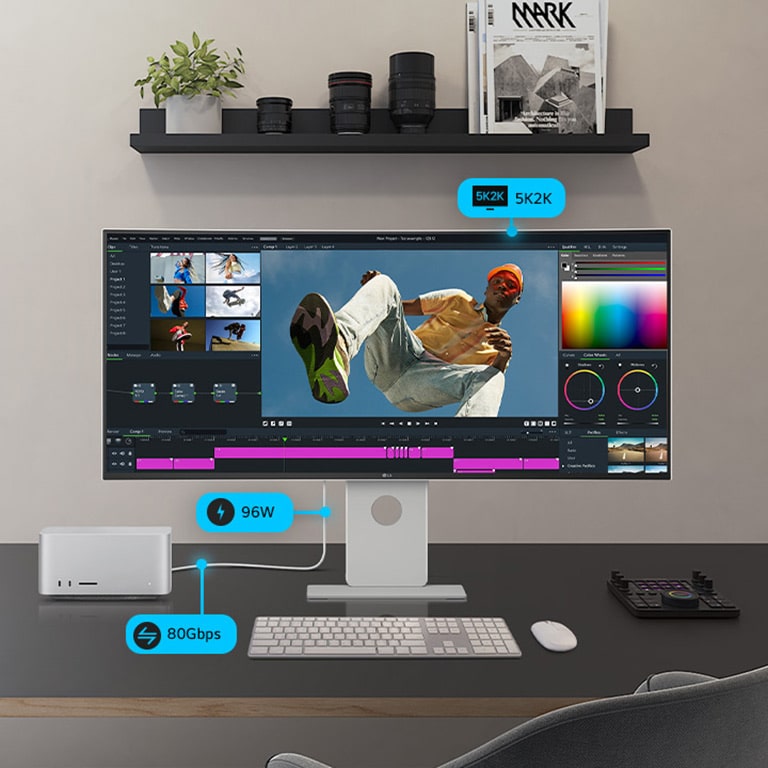 A UltraFine monitor is placed with program screen on it beside a smaller monitor, a PC and a storage, connected with cables showing its multi-connectivity.