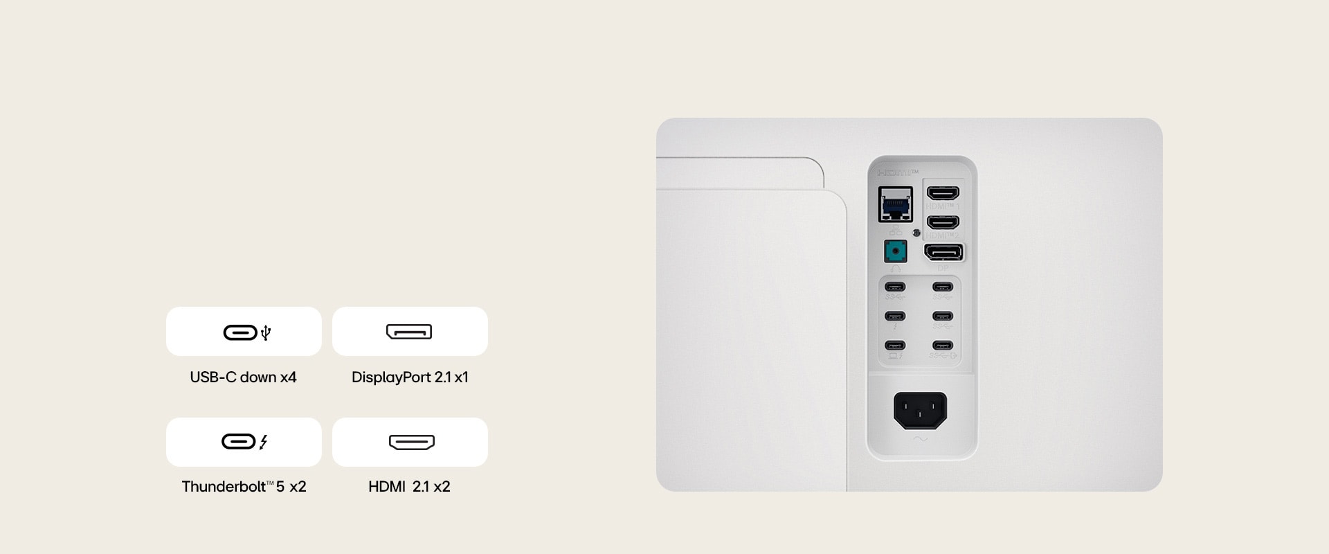Close-up image of UltraFine monitor's ports to show the various cable connectivity it has.