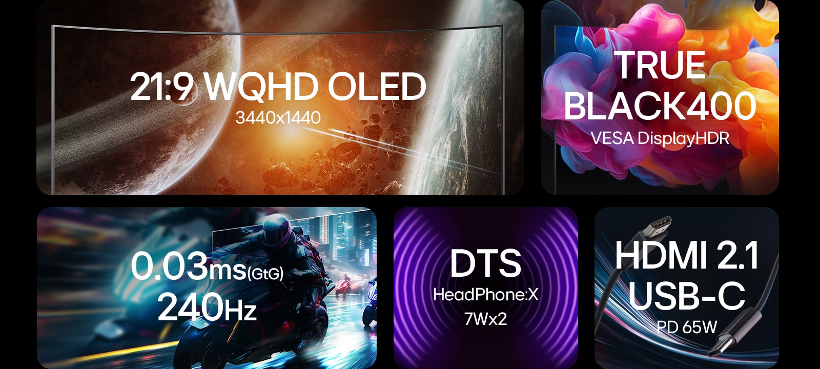 An LG UltraGear monitor feature overview showcasing its 21:9 WQHD OLED display with 3440x1440 resolution, VESA DisplayHDR TRUE BLACK 400 certification, ultra-fast 0.03ms (GtG) response time and 240Hz refresh rate, DTS HeadPhone:X stereo speakers with 7W output per channel, and versatile connectivity with HDMI 2.1 and USB-C supporting 65W power delivery.