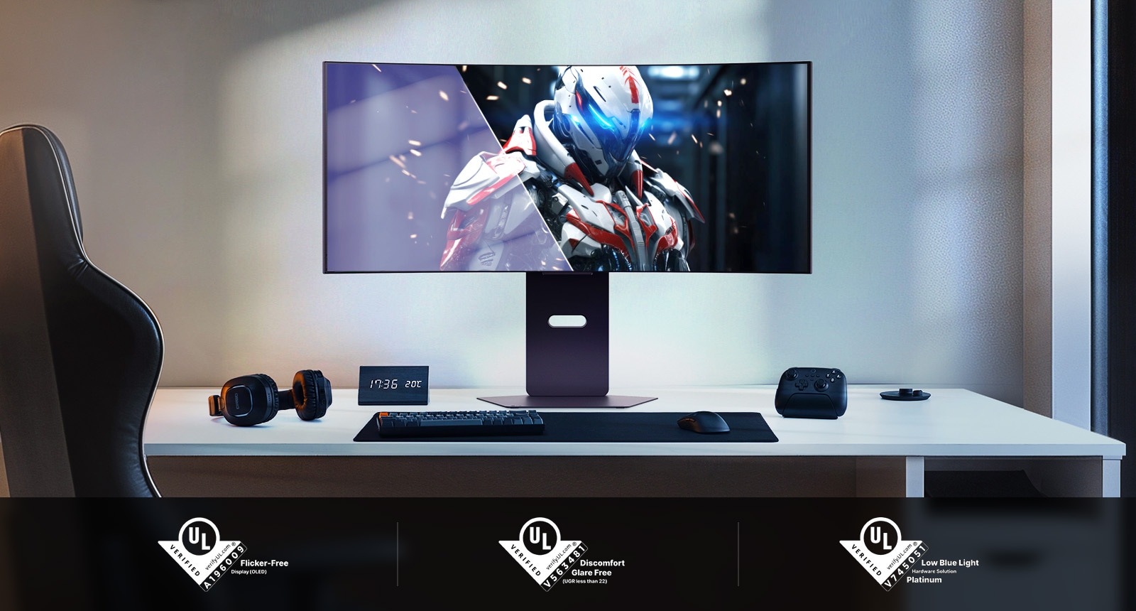 Curved gaming monitor showing a robot character in a futuristic setting, with UL certifications below.	