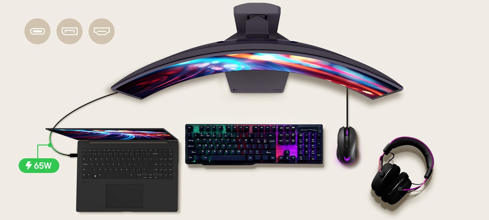 A 34-inch gaming monitor is positioned in the center of the desk, with various IT devices placed around it.	