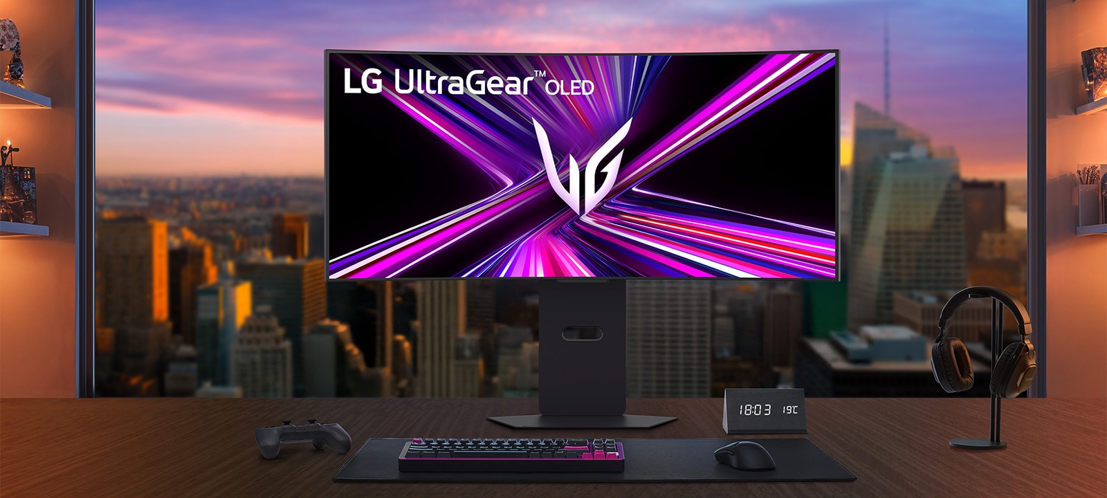 LG UltraGear OLED monitor setup on a gaming desk in a modern room.	