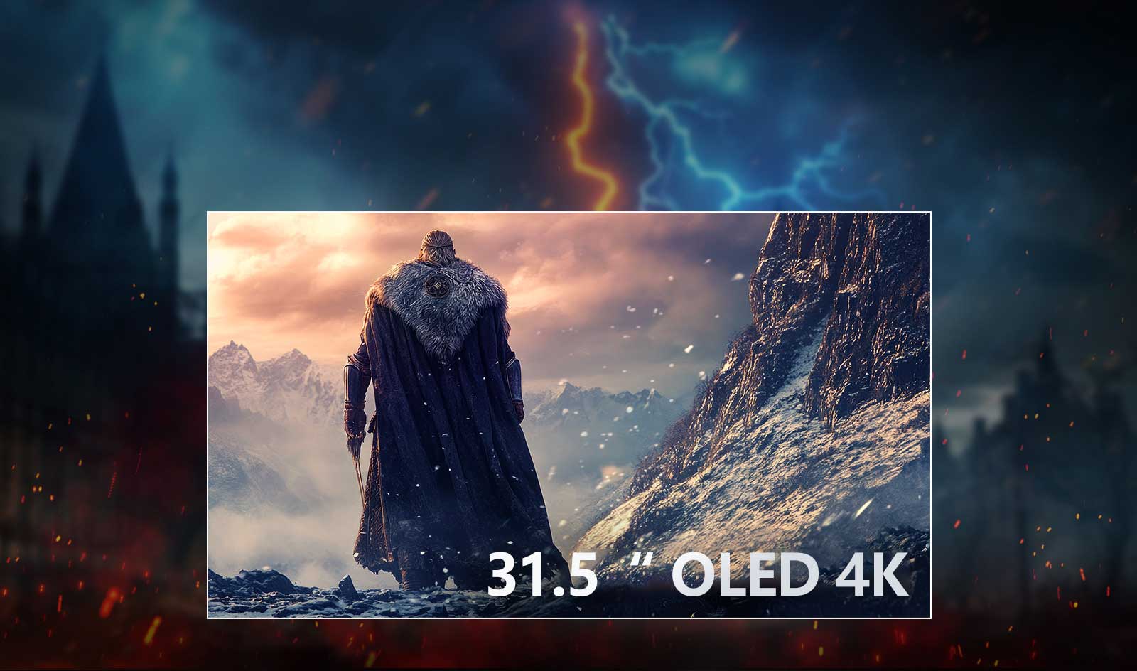 A dramatic fantasy game scene featuring a cloaked warrior standing before a snowy mountain range with 32" OLED 4K text on the right bottom corner. 	