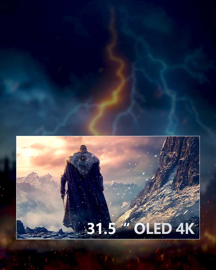 A dramatic fantasy game scene featuring a cloaked warrior standing before a snowy mountain range with 32" OLED 4K text on the right bottom corner. 	