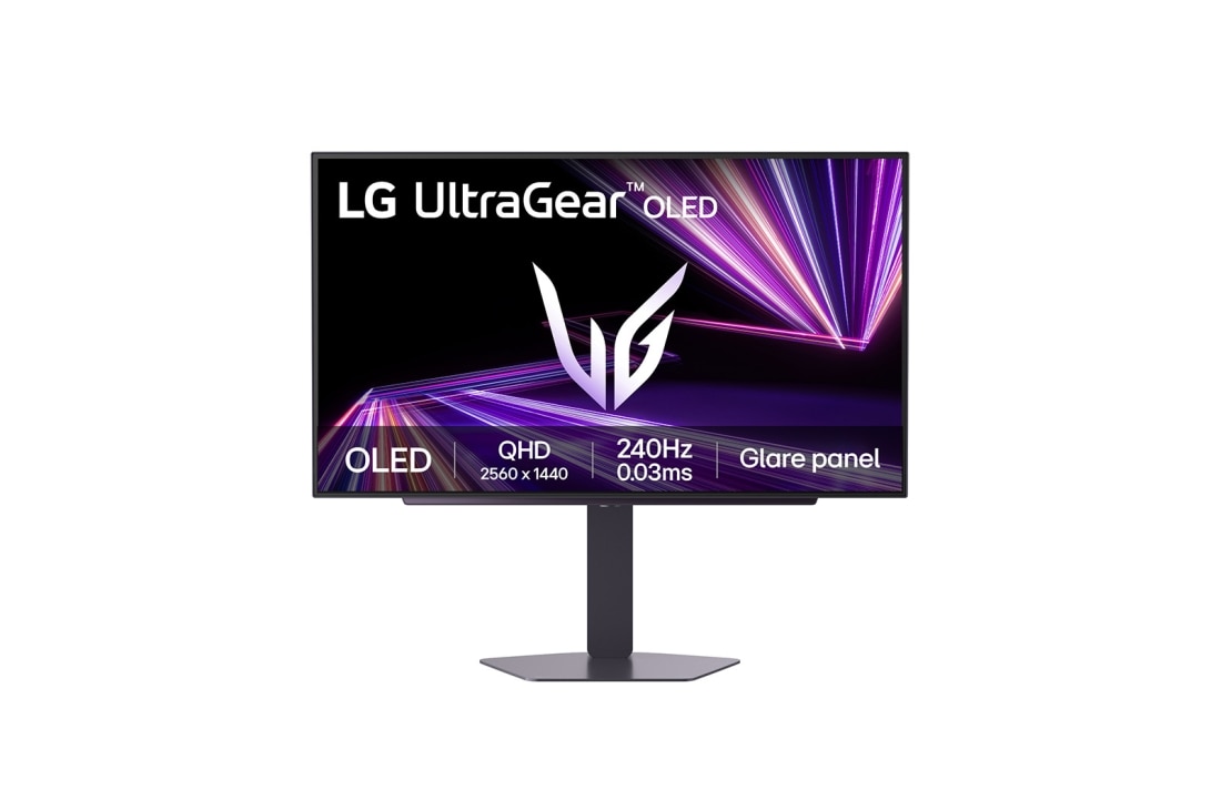 LG UltraGear™ GX7 26.5英寸 240Hz OLED QHD 电竞显示器 |27GX704A  |  DisplayHDR™ True Black 400, 0.03ms (GtG), front view with spec, 27GX704A