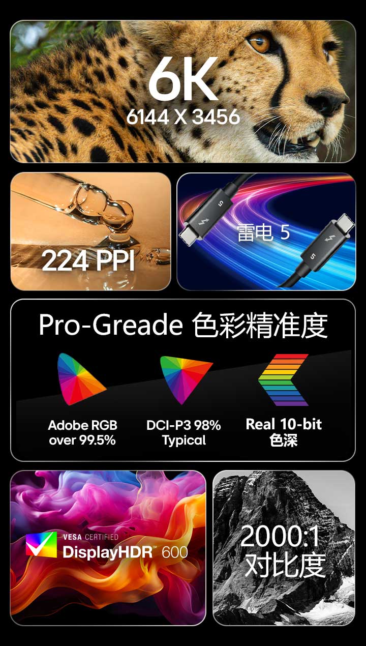 6K 6144 X 3456 | 224 PPI | Thunderbolt™ 5 | VESA DisplayHDR™600 | Pro-Greade 色彩精准度 | Adobe RGB Over 99.5% | DCI-P3 98% (Typ.) | Real 10-bit色深 | 2000:1 对比度