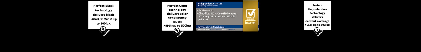 Three certification labels highlighting LG OLED's performance: UL verified black levels below 0.24 nit up to 500 lux, UL verified color consistency over 99% up to 500 lux, and Intertek certification for 100% color fidelity up to 500 lux based on 125 color patterns.