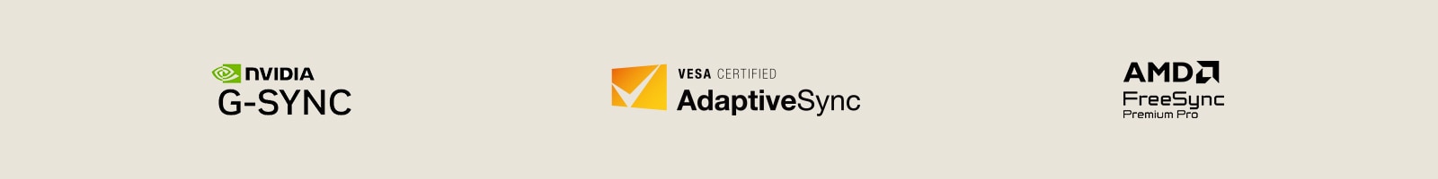 Logos of NVIDIA G-SYNC, VESA AdaptiveSync, and AMD FreeSync Premium Pro.