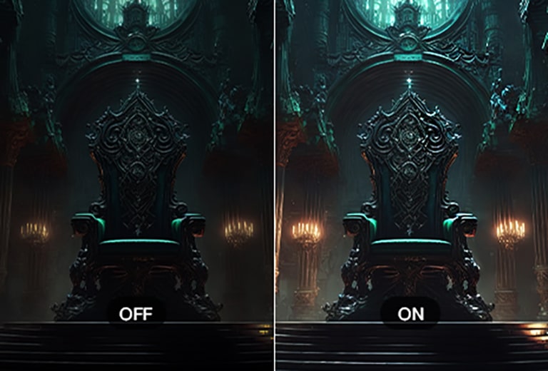 Dark interior scene displayed twice, with the left image labeled ‘OFF’ showing darker shadow areas, and the right image labeled ‘ON’ showing brighter, more visible details within the shadows