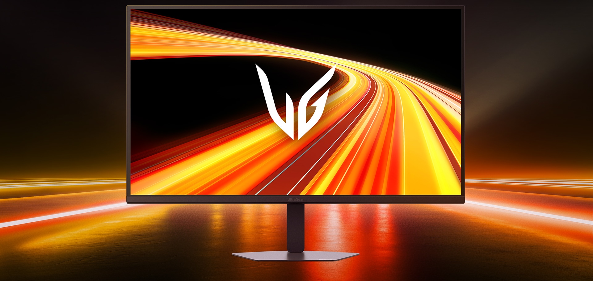 Front image of the UltraGear™ 32G620B gaming monitor in a futuristic, neon-lit room.