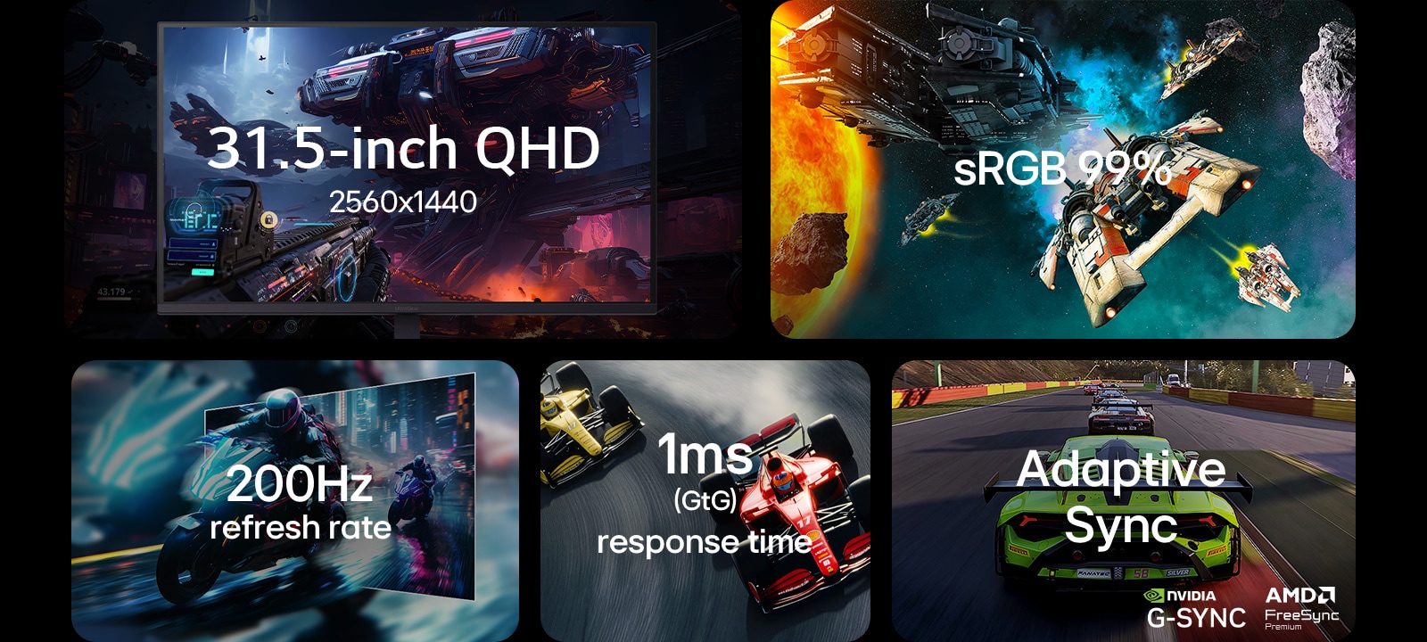 Feature overview of a gaming monitor highlighting: 32-inch QHD 2560x1440 resolution, RGBs 99% color gamut, 200Hz refresh rate, 1ms (GtG) response time, Adaptive Sync with NVIDIA G-SYNC and AMD FreeSync Premium support.