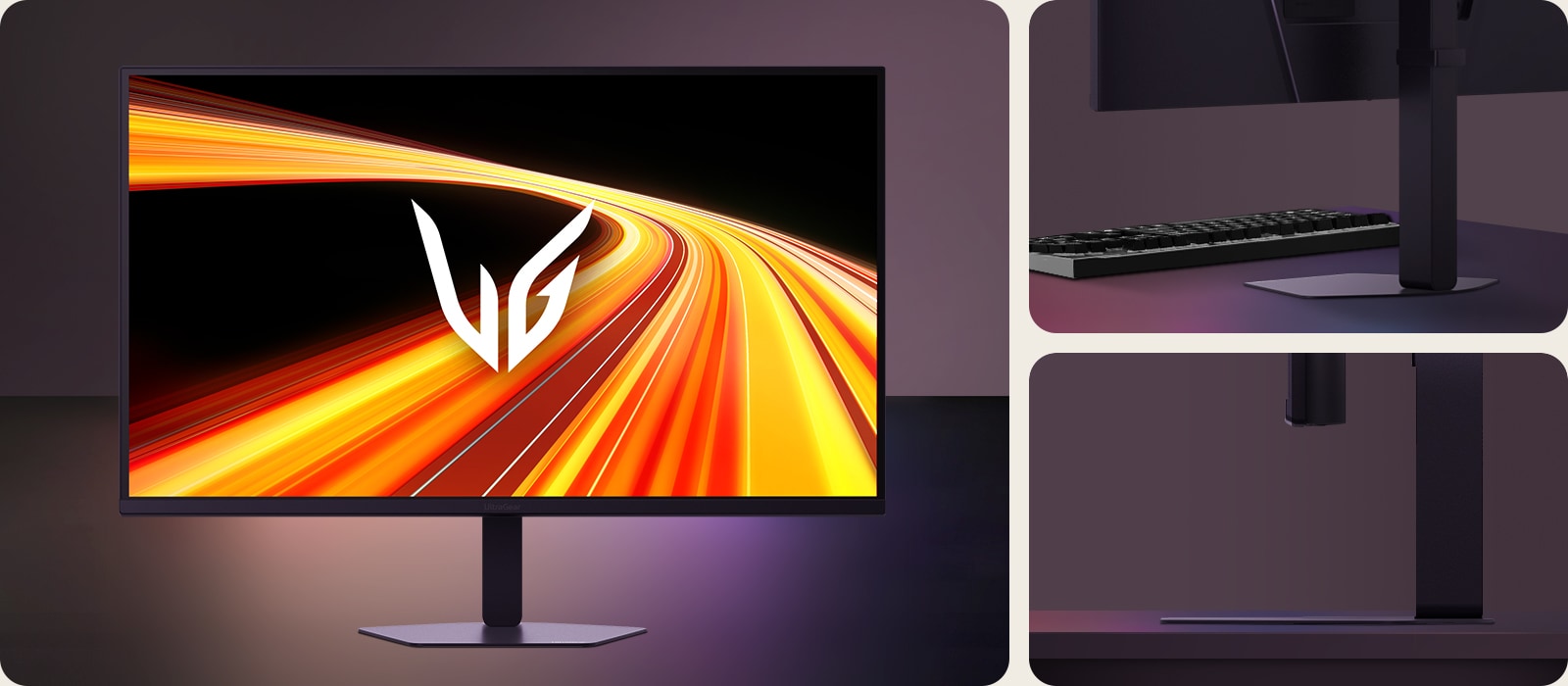 Front and rear view of the UltraGear™ 32G620B gaming monitor, displaying a futuristic racing scene on screen.