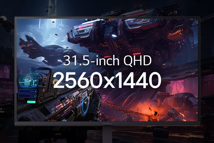 Close-up of the UltraGear™ 32G620B monitor displaying a sci-fi game scene, highlighting its 16:9 QHD resolution of 2560x1440.