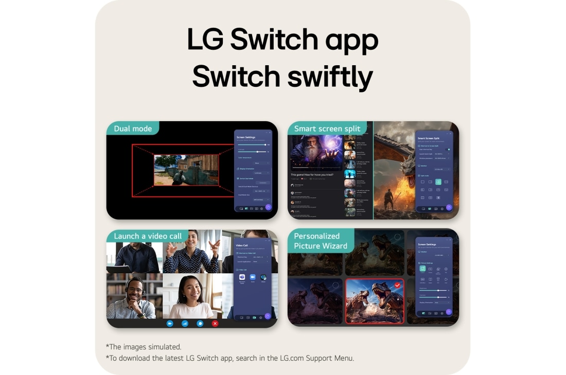 LG UltraGear™ G6电竞显示器, QHD 200Hz, 功能概述图像显示了具有双模式显示调整的游戏监视器界面、用于多任务布局的智能屏幕分割、一键式视频通话启动以及用于自定义屏幕设置的个性化图片向导。, 32G620B-B, thumbnail 10