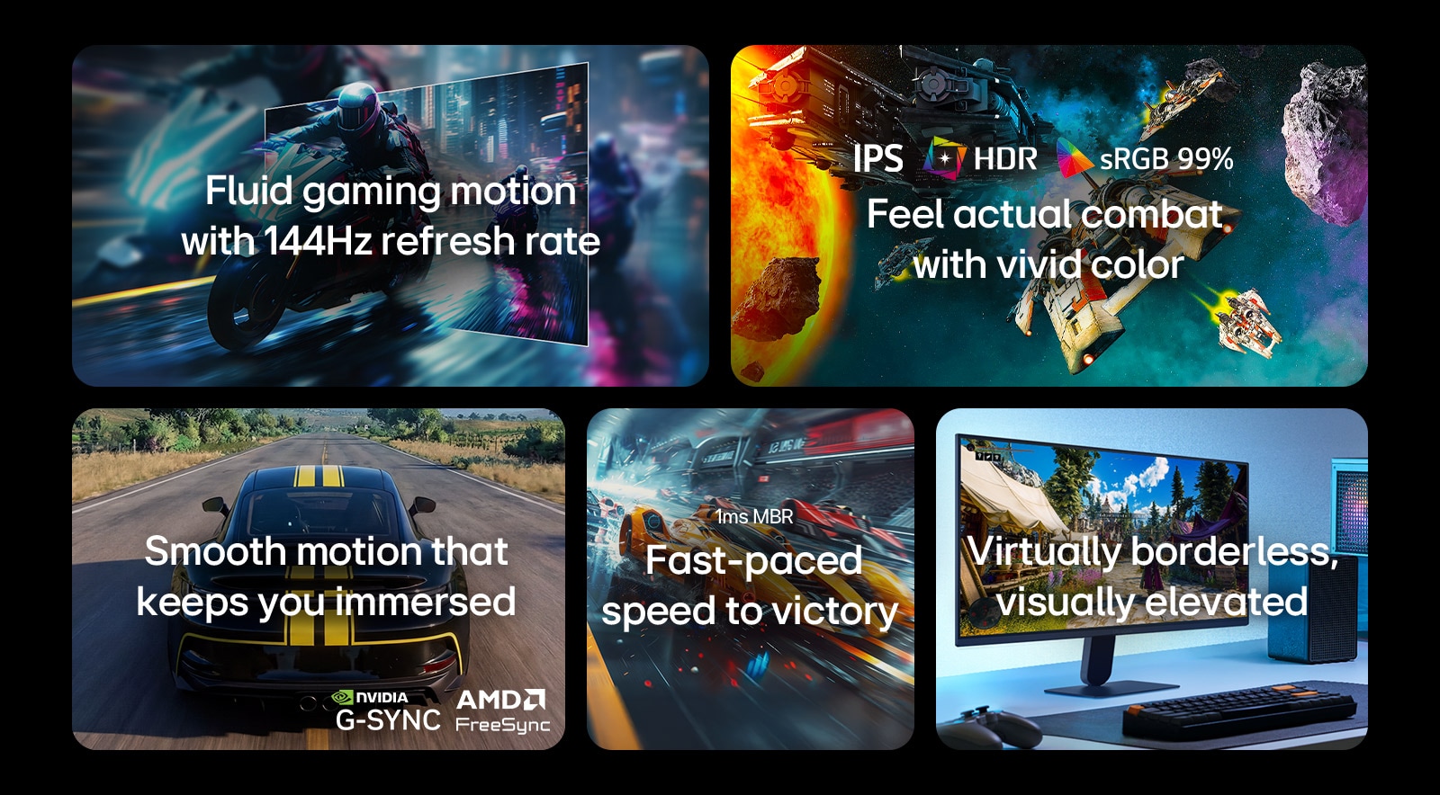 This image presents key features of an LG gaming monitor, including a 144Hz refresh rate for fluid motion, IPS display with HDR10 and sRGB 99% color for vivid visuals, smooth gameplay with NVIDIA G-SYNC and AMD FreeSync support, 1ms MBR response time for fast-paced gaming, and a virtually borderless design for an immersive setup.