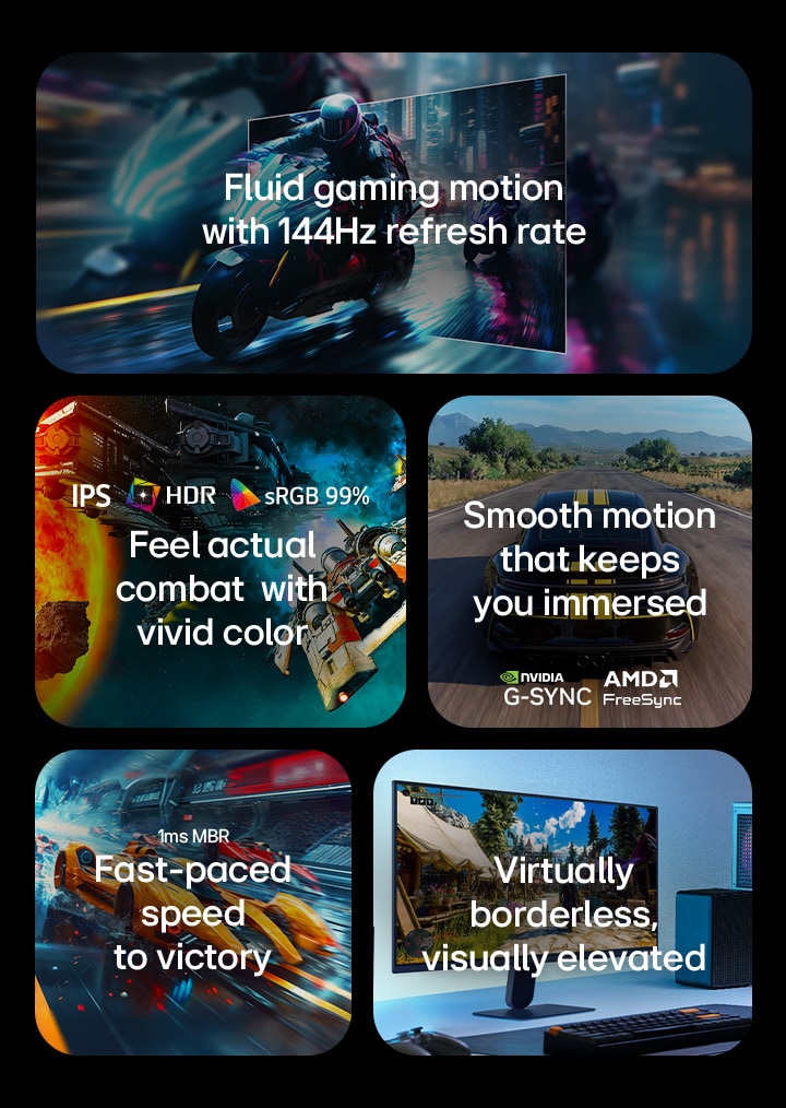 This image presents key features of an LG gaming monitor, including a 144Hz refresh rate for fluid motion, IPS display with HDR10 and sRGB 99% color for vivid visuals, smooth gameplay with NVIDIA G-SYNC and AMD FreeSync support, 1ms MBR response time for fast-paced gaming, and a virtually borderless design for an immersive setup.