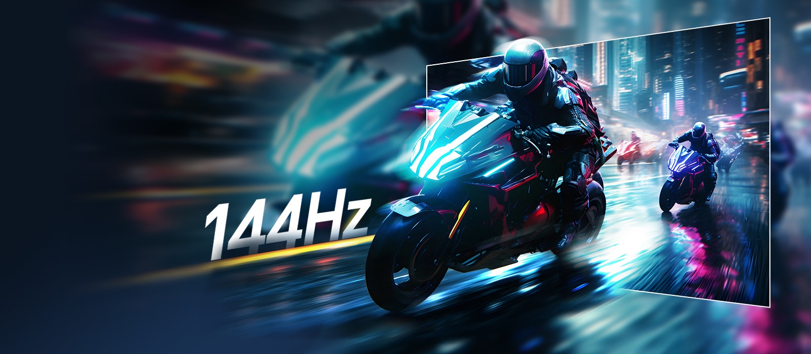 Motorcycle racing scene illustrating the UltraGear™ 24g411b’s 144Hz refresh rate for fluid, crystal-clear gaming motion.