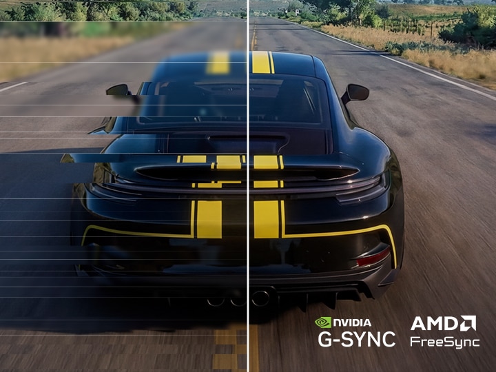 Racing scene displayed on the UltraGear™ 24g411b monitor comparing Disabled and Enabled modes, illustrating smoother motion and reduced tearing with support for NVIDIA G-SYNC and AMD FreeSync.