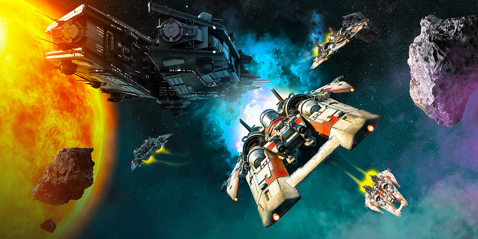 Futuristic space battle scene on the UltraGear™ monitor, showcasing vivid colors and rich contrast with bright explosions, glowing planets, and detailed spacecraft against a colorful cosmic background.
