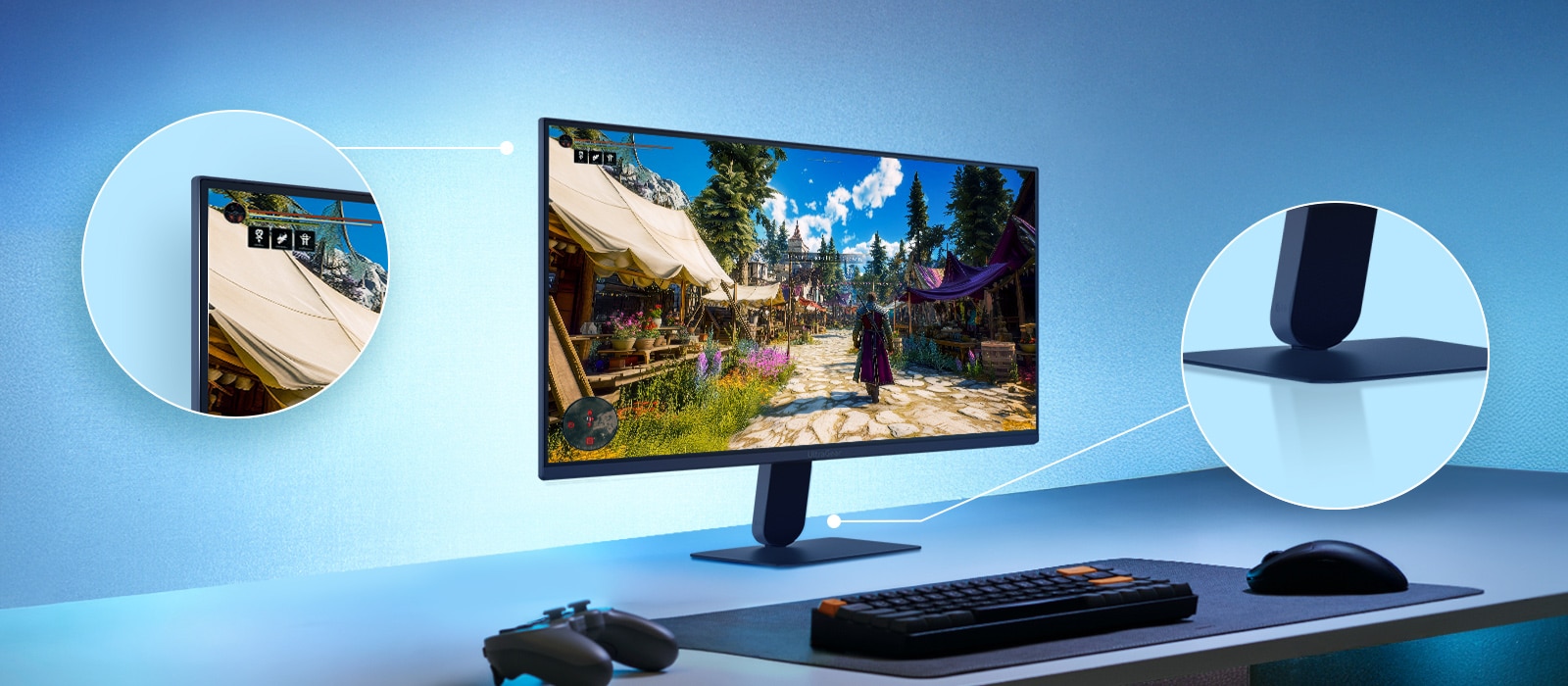This image shows an UltraGear™ gaming monitor on a desk setup displaying a game scene, with zoomed-in highlights emphasizing the borderless display design and a sleek floating-like stand.