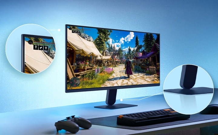 This image shows an UltraGear™ gaming monitor on a desk setup displaying a game scene, with zoomed-in highlights emphasizing the borderless display design and a sleek floating-like stand.