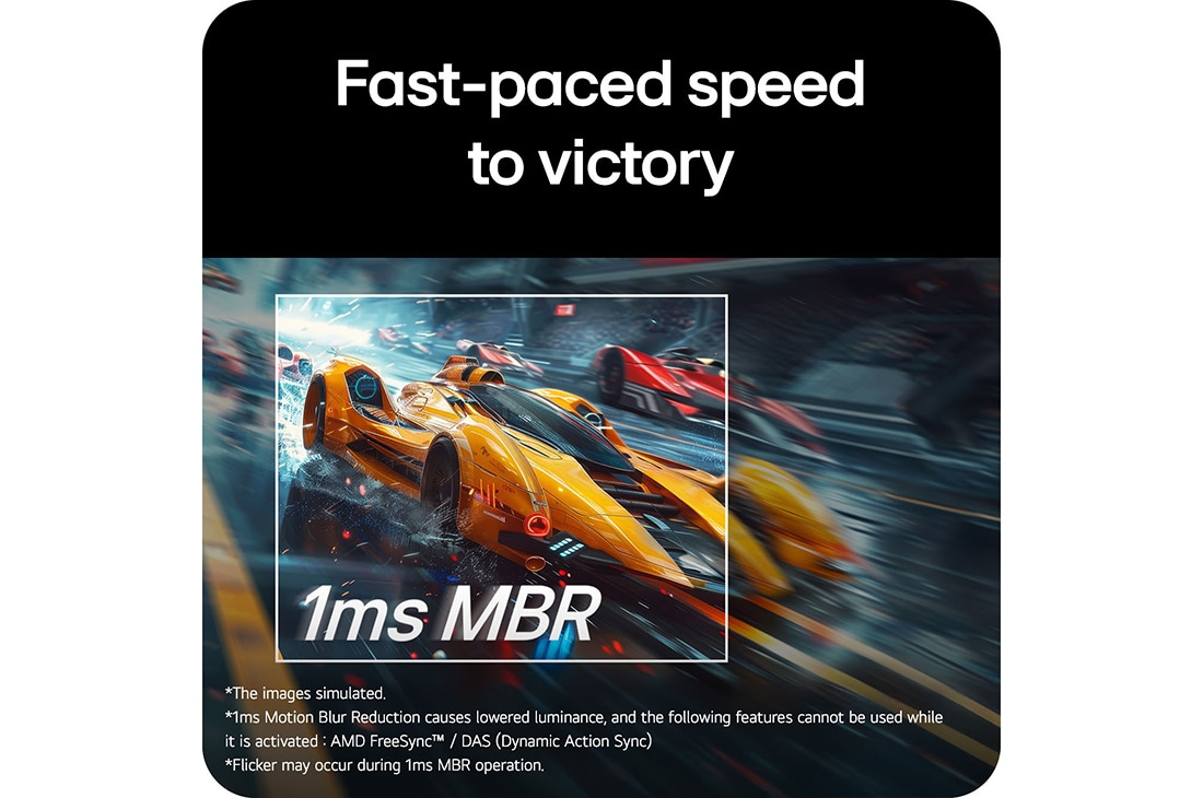 LG 24英寸 UltraGear™ G4, FHD 144Hz电竞显示器, 屏幕上一辆黄色赛车疾驰向前，显著显示着“1毫秒 MBR”。 , 24G411B-B, thumbnail 7