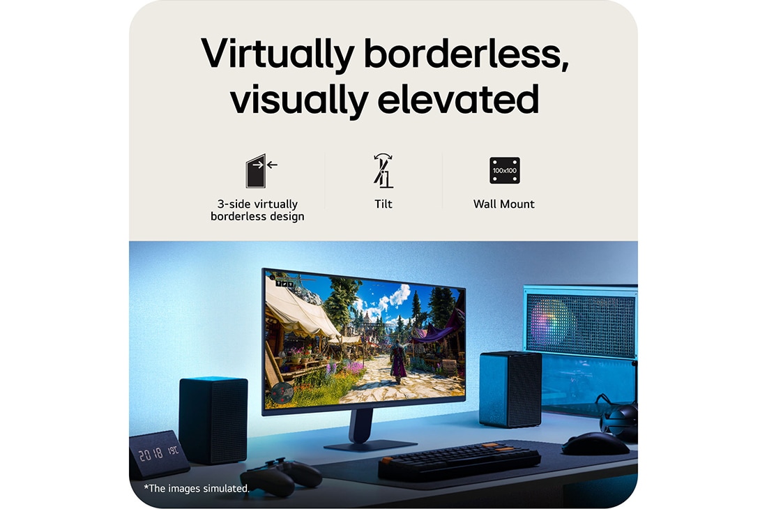 LG 24英寸 UltraGear™ G4, FHD 144Hz电竞显示器, 此图展示了一款UltraGear™游戏显示器在桌面上的摆放场景，正显示着游戏画面，图标标识了三面无边框设计、高度调节、倾斜支撑及壁挂兼容性功能。, 24G411B-B, thumbnail 9