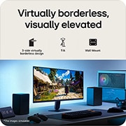 LG 24英寸 UltraGear™ G4, FHD 144Hz电竞显示器, 此图展示了一款UltraGear™游戏显示器在桌面上的摆放场景，正显示着游戏画面，图标标识了三面无边框设计、高度调节、倾斜支撑及壁挂兼容性功能。, 24G411B-B, thumbnail 9