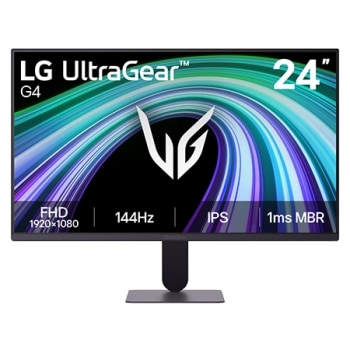 这张图片展示了LG UltraGear G4 24英寸游戏显示器的正面视图，采用IPS面板与FHD（1920×1080）分辨率，支持144Hz刷新率及1毫秒MBR响应时间，凸显了游戏应用的快速性能与流畅画质。1
